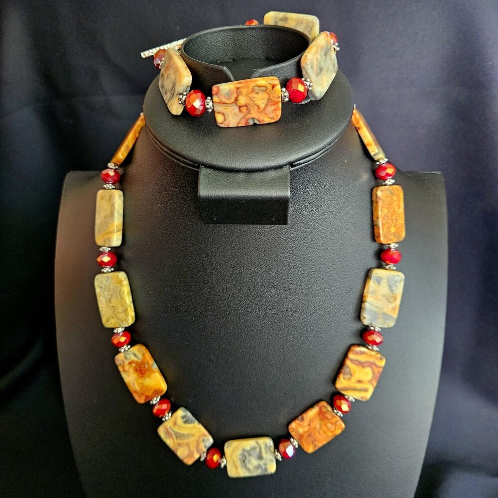 Hand Crafted Crazy Lace Agate Necklace and Bracelet Ensemble